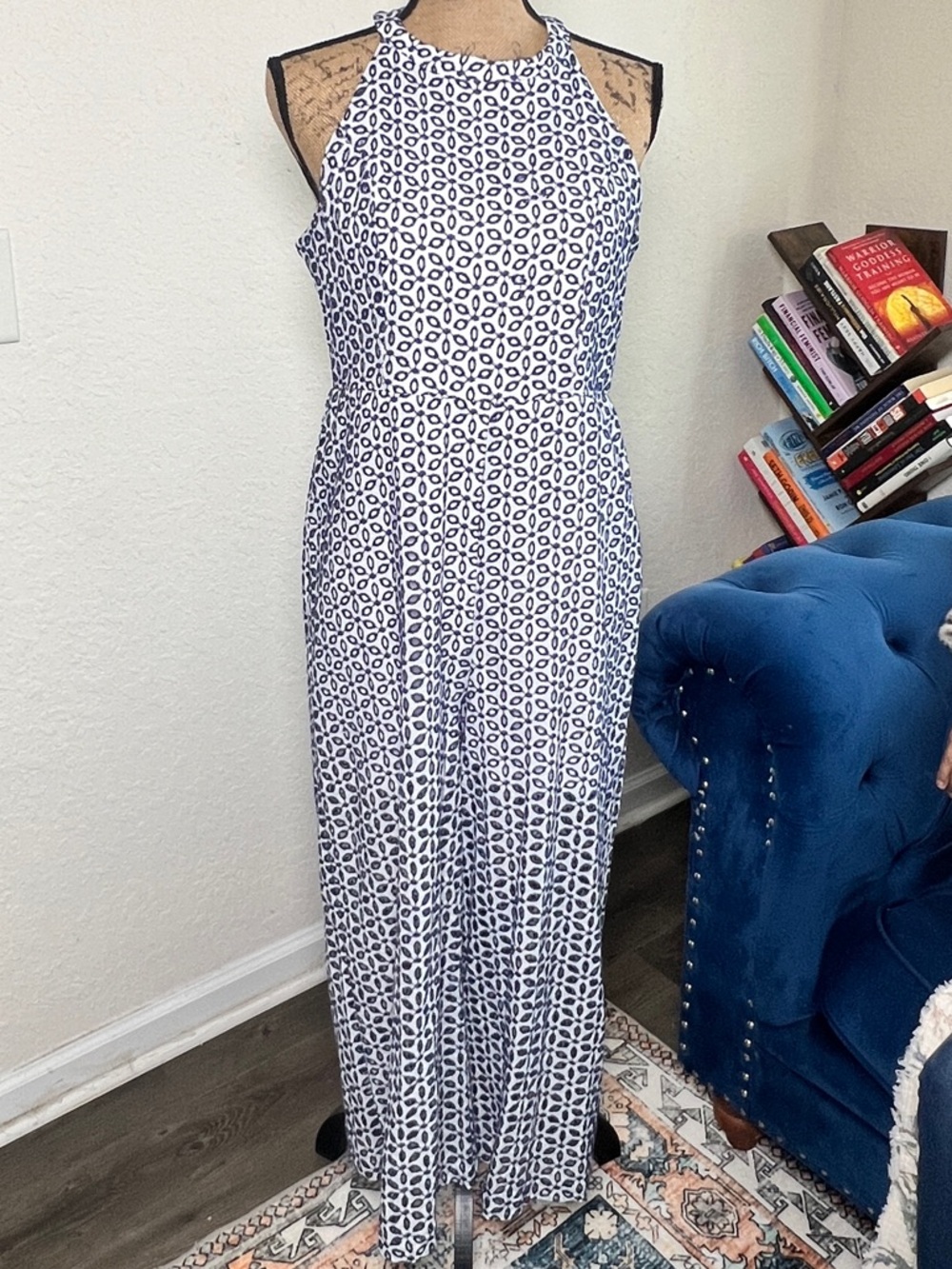 Sleeveless Navy and White Halter Jumpsuite